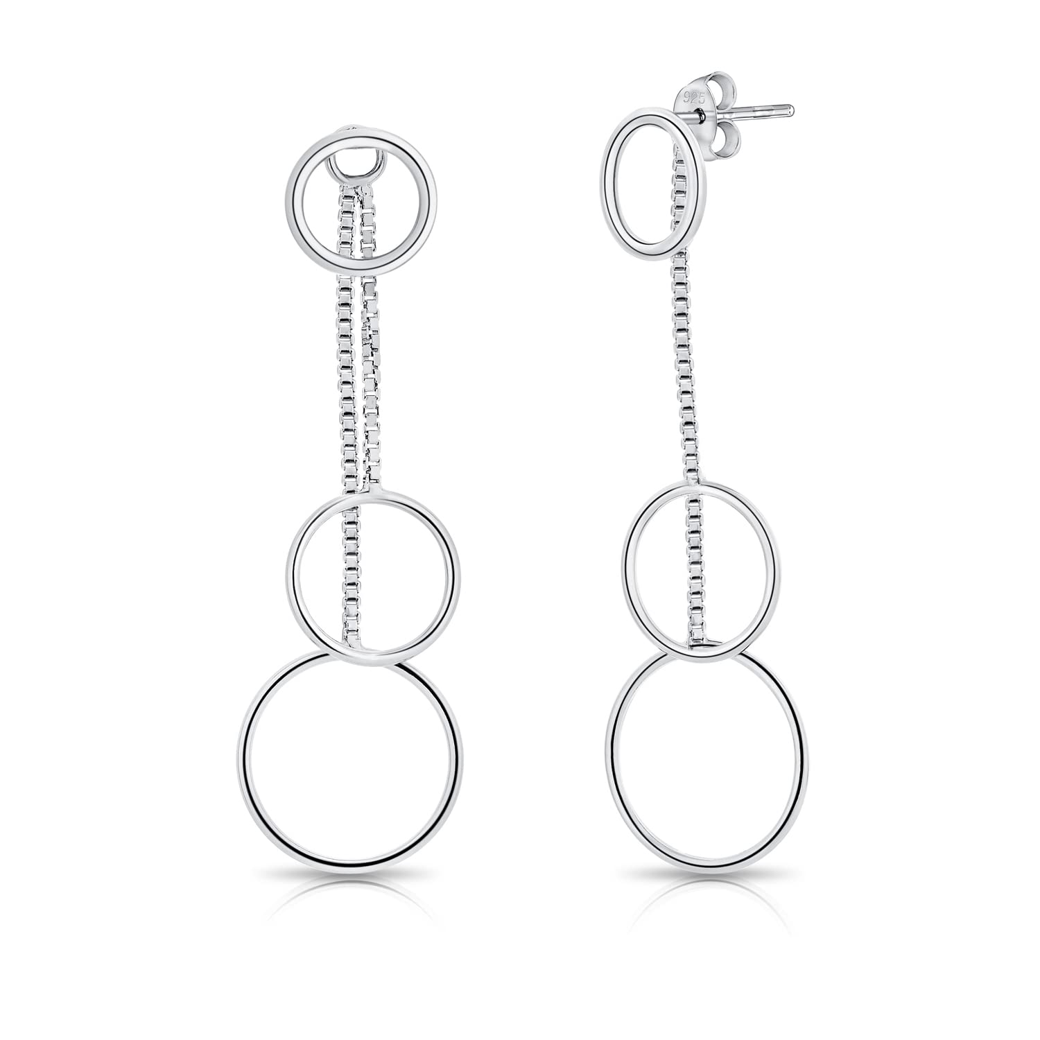 DTPSilver - 925 Sterling Silver Rodium Plated Dangling Triple Hoops Studs Earrings