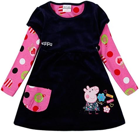 peppa pig clothing Little Girls' Spring Fall Cartoon Fake-two-Pieces Lantern Natural Cotton Dress,Sapphire/Blue,4T(3-4Y)