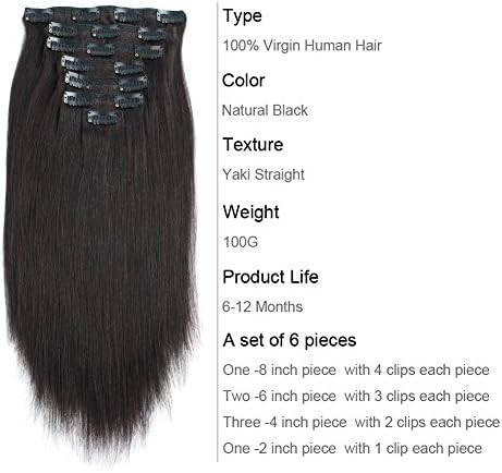 AmazingBeauty Real Remy Thick Perm Yaki Natural Black Clip Extensions for African American Relaxed Hair 7 Pieces 14 to 20 Inch 120 Gram Per Set