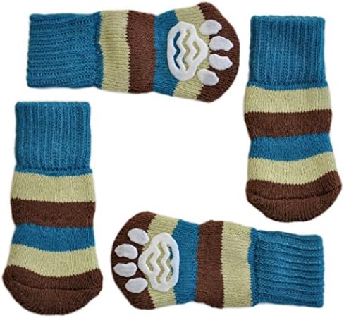 Posch Anti-Slip Knit Socks for Pets with Traction Soles for Indoor Wear. Slip On Paw Protectors for Small and Medium Breed Dogs. Blue-Brown, XS