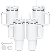 Temolulu 4 Pack 40 Oz Tumbler with Handle Bulk, Double Wall Vacuum Insulated Stainless Steel Tumbler with Lid and Straw, 40 oz cup with Silicone Spill Proof Stopper Set (White)