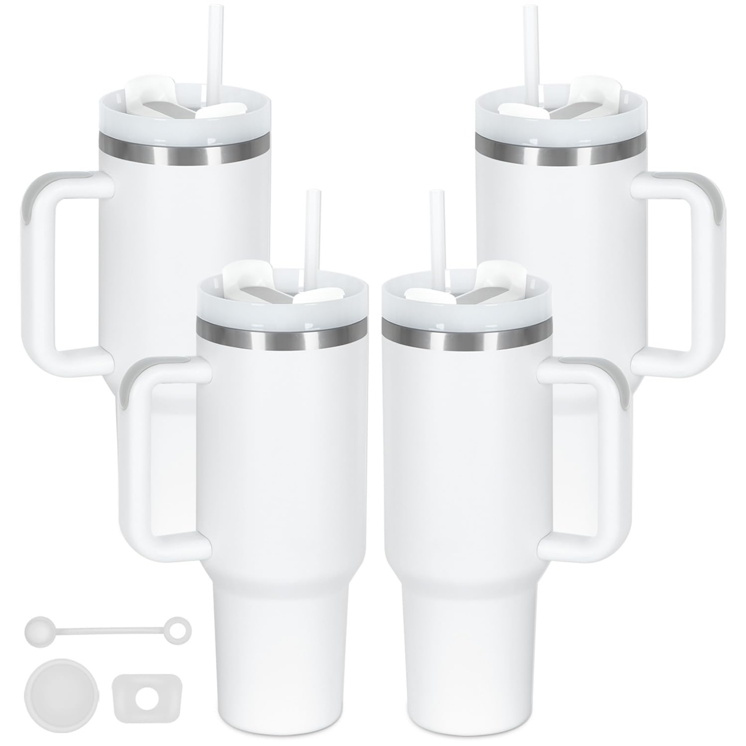 Photo 1 of 4 Pack 40 Oz Tumbler with Handle Bulk, Double Wall Vacuum Insulated Stainless Steel Tumbler with Lid and Straw, 40 oz cup with Silicone Spill Proof Stopper Set (White)