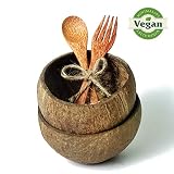 Coconut Bowl and Wooden Spoon Fork Handmade Buddha Bowl from Reclaimed Coco Shells 100% Natural Palm Wood Serving Smoothie Bowls Vegan Gift Set Biodegradable Organic Compostable Eco Friendly