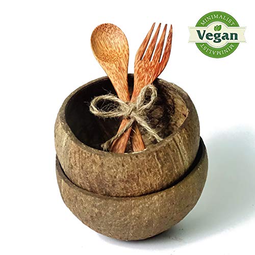 Coconut Bowl and Wooden Spoon Fork Handmade Buddha Bowl from Reclaimed Coco Shells 100% Natural Palm Wood Serving Smoothie Bowls Vegan Gift Set Biodegradable Organic Compostable Eco Friendly
