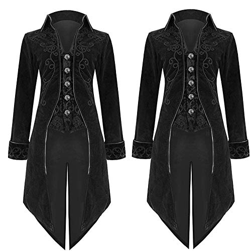Hanican Fashion Mens Coat Swallowtail Stage Long Jacket Gothic Steampunk Lapel Uniform Outwear, Black, XXL - Thumbnail 2