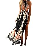TrendsGal Women's Bohemian O-Collar Cut Out Printed High Split Maxi Beach Dress