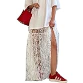 Women's Summer Sheer Lace Maxi Skirt Floral Lace A Line Mesh See Through Flowy Trendy Beach Long Skirts