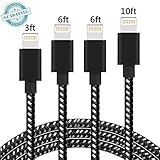 DANTENG 3'/6'/10' Extra Long Charging Cord, Nylon Braided 8 Pin to USB Lightning Charger for iPhone 7/Se/5/5S/6/6S/6 Plus/iPad Air/Mini/iPod - Black/White - 4 Piece