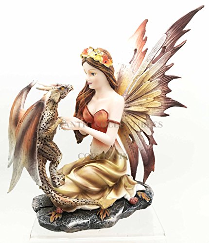 Gifts & Decors Beautiful Scarlet Fire Fairy Goddess with Pet Spotted Dragon Figurine Meadows of FAE Garden Collector Sculpture Statue