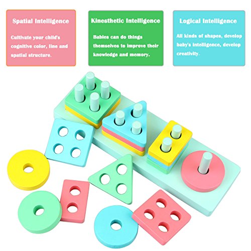 Dreampark Wooden Educational Preschool Toys, Toddler Toys Shape Color Recognition Geometric Board Block Stack Puzzle Toys for Kids Birthday Gifts - Thumbnail 4