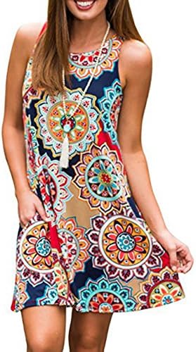 Sanifer Women's Floral Print Bohemian Sleeveless Tunic Dress Pockets T-Shirt Dress Beach Sundresses Tank Dresses (Medium, Navy)