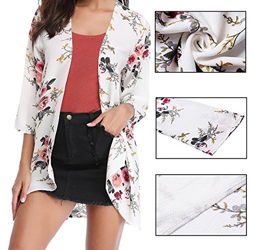 PopStore Women's Floral Print Sheer Kimono Cardigan Capes Chiffon 3/4 Sleeve Patchwork Casual Cover up Blouse Tops - Thumbnail 3