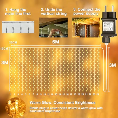 Lichtfam Curtain Lights, 6 x 3 m 600 LED Waterfall Lights with Plug, 8 Modes Decoration Wedding Waterproof Curtain Light for Balcony Garden Party Wall Ceiling Room Indoor Outdoor