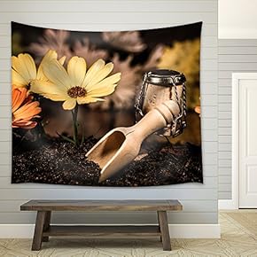 Concept Landscaper Planting Flowers, Wine Cork Figures - Fabric Wall Tapestry Home Decor - 51x60 inches