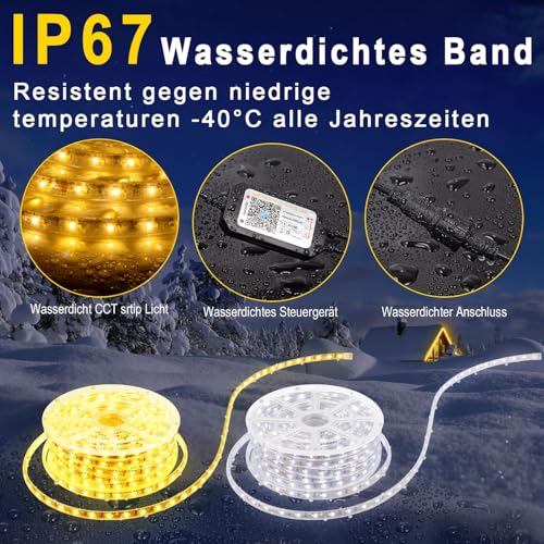 LED Strip Outdoor Use, Warm White to Cool White, Dimmable, Outdoor LED Strip, Alexa Compatible WiFi App & Remote Control, 24 V LED Strip, IP67 Waterproof Tape, Self-Adhesive for Kitchen, Patios (15 m)