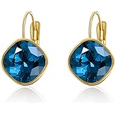 YONVUN Austrian Crystal Square Drop Dangle Leverback Earrings | Plated 18K/Rose Gold Zircon Gemstone Birthstone Hoop Hanging Dangly Earrings Jewelry Gift for Wife Mom Daughter Girlfriend