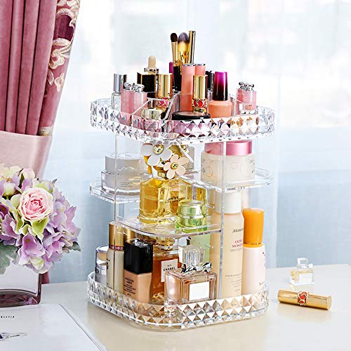 360 Lazy Susan Makeup Organizer, Square Bathroom Shelf Revolving Countertop Tower Display Case Cosmetic Storage Holder, Crystal Clear