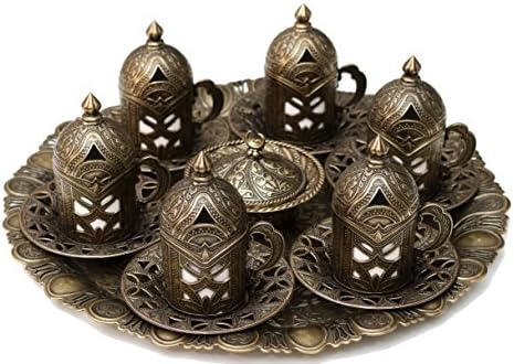 Turkish Coffee Serving Cups with Holders Lids, Saucers and Tray 6 pcs Set, plant (brass)