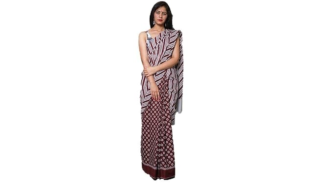 Cotton Hand Block Printed Saree Maroon Red