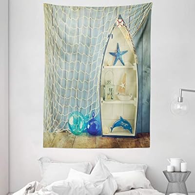 Amazon Com Ambesonne Nautical Tapestry Nautical Boat Standing Against The Wall Other Aquatic Objects Sea Featured Picture Wall Hanging For Bedroom Living Room Dorm 60 X 80 Blue Beige Home Kitchen