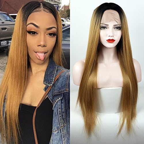 Long Straight Wig Two Tone Color 1B/27 Synthetic Lace Front Wigs Half Hand Tied Ombre Heat Resistant Hair Wig for Women 24 Inch