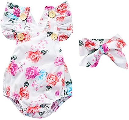 Evelin LEE Newborn Baby Girls' Full Flower Print Buttons Ruffles Romper Bodysuit with Headband