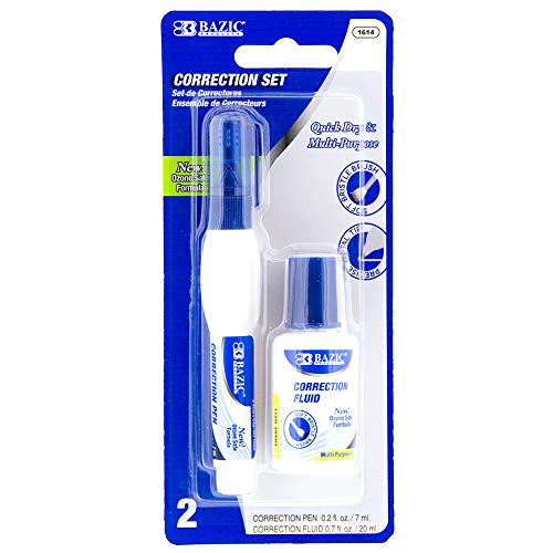 BAZIC Metal Tip Correction Pen & Correction Fluid (2/Pack)