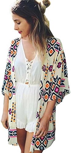 Orangesky Women Geometry Printed Chiffon Shawl Kimono Cardigan Tops (L)