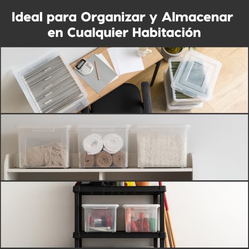 IRIS USA Caja de Transporte de Archivos Tamaño Carta/Legal, Paquete de 4, Caja de Almacenamiento Libre de BPA con Tapa de Seguridad y Cierre Duradero, Archivero Apilable Encajable, Negro/Transparente