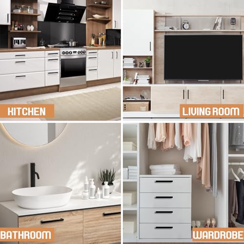Tufa 10 x Black Kitchen Handles 160 mm – Stainless Steel Kitchen Cabinet Handles with 10 Long Screws, 20 Short Screws, for Drawers, Cabinets and Cabinets
