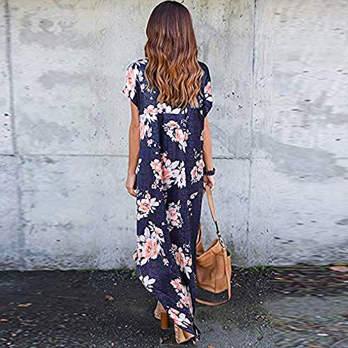 Women's Casual Loose Pocket Long Dress Short Sleeve Split Maxi Dresses Summer Beach Long Dress by Chaofanjiancai Navy