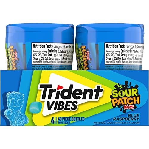 TRIDENT VIBES SOUR PATCH KIDS BLUE RASPBERRY SUGAR-FREE CHEWING GUM, 4 BOTTLES OF 40 PIECES (160 TOTAL PIECES)