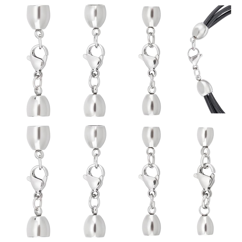 UNICRAFTALE 4 Sizes 8 Sets 3-6mm Stainless Steel Cord Ends End Caps with Lobster Claw Clasps Hypoallergenic Cord Ends Metal Clasps Findings for DIY Jewelry Making, Stainless Steel Color