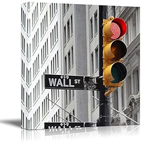 Black and White Photograph with Pop of Color on The Traffic Lights in Wall Street - Canvas Art Home Art - 12x12 inches