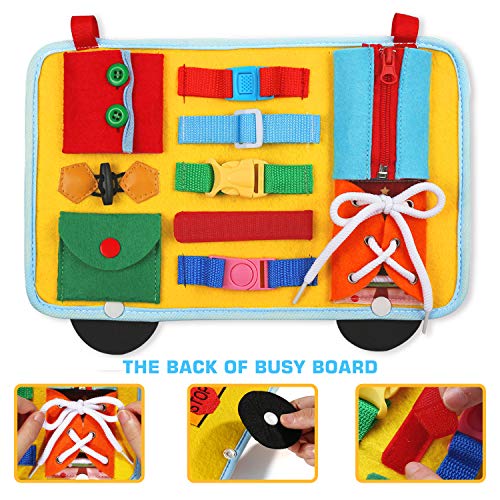 Busy Board, School Bus Style Activity Board(12 Basic Skill), for Fine Motor and Learn to Dress, Early Educational for Preschool Kids Toddler, Sensory Toy for Kindergarten Classroom Airplane Car Travel - Thumbnail 2