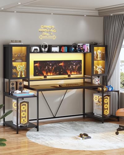 FL FASHION LEADER Escritorio Gamer 190cm Escritorio para Computadora con Luces LED Escritorio Minimalista con Soporte para Monitor, Mesa de PC con Estantes Negro