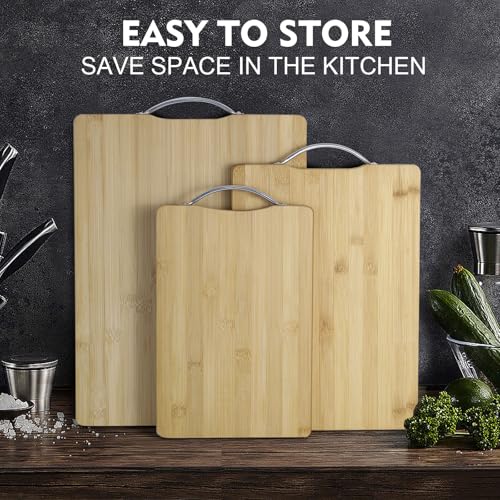 SKY-TOUCH 2 Size Bamboo Cutting Boards Set, Chopping Boards with Handle, Non-Slip Wooden Double-Side Using for Meat, Cheese, Fruits & Bread, 34x24cm and 30x20cm, Wood Yellow