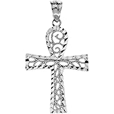 Claddagh Gold Exquisite Sterling Silver Sparkle-Cut and Filigree-Style Ankh Cross Pendant