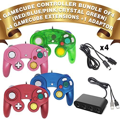 4 Controllers for Gamecubeï¼Œwith 4 Extension Cables and 4-Port USB Adapter for Switch PC Wii U Console (Package 5)