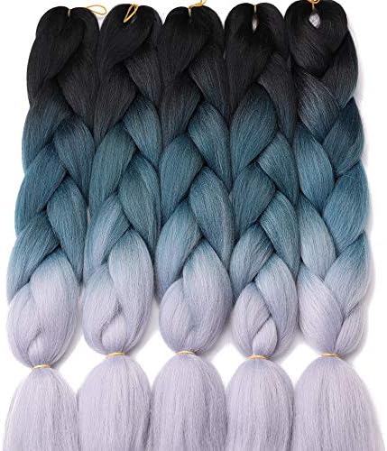 5 Pieces Ombre Synthetic Braiding Hair Jumbo Braids Hair Braiding Kanekalon Mambo Twist Synthetic Hair Extension (24, BLACK/DRAK BLUE/GREY)