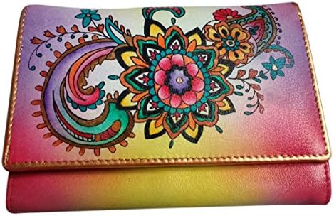 Genuine leather money card organizer Large Womens Luxury Coin Purse Hand Painted (Exotic Paisley)