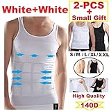 2pcs Mens Compression Slimming Body Shaper Undershirt 2 white or 2 black + Free Gift (L, white+white)