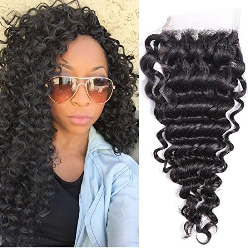 12inch Brazilian Deep Wave 4x4 Lace Closure Free Part Brazilian Virgin Remy Human Hair 100% Unprocessed Natural Color Soft Silky Hair Products for Black Color Soft Silky Hair Products for Black Women