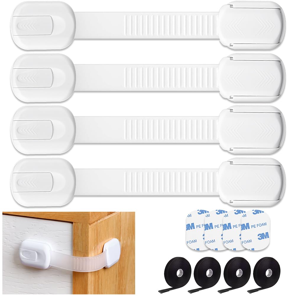 Child Safety Cupboard Locks Adjustable Baby Proof Cupboard Lock Self Adhesive Strap Latches for Fridge, Cabinets, Drawers, Dishwasher, Toilet-4Pack