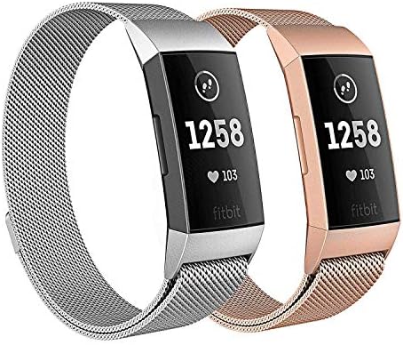 Milanese Bands for Fitbit Charge 3, SailFar 2PCS Magnetic Clasp Mesh Loop Milanese Stainless Steel Metal Bracelet Strap/Watch Band for Fitbit Charge 3,Small/Large, Men/Women(Small, Silver + Rose Gold)