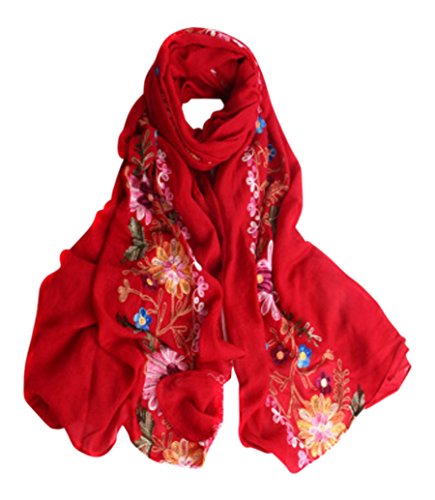LuluVin Women's Scarf Cotton Embroidered Lightweight Shawl Wrap (Red)