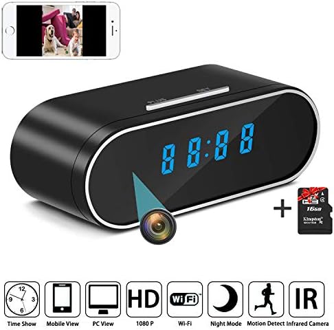 HD 1080P WiFi Camera Alarm Clock Night Vision Motion Detection Loop Recording Home Surveillance Cameras + 16G Card