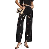 Sezhgswd Womens Pearl Jeans Straight Leg High Waist Flower Hollow Out Rhinestone Embellished Pants Baggy Sparkly Trouser