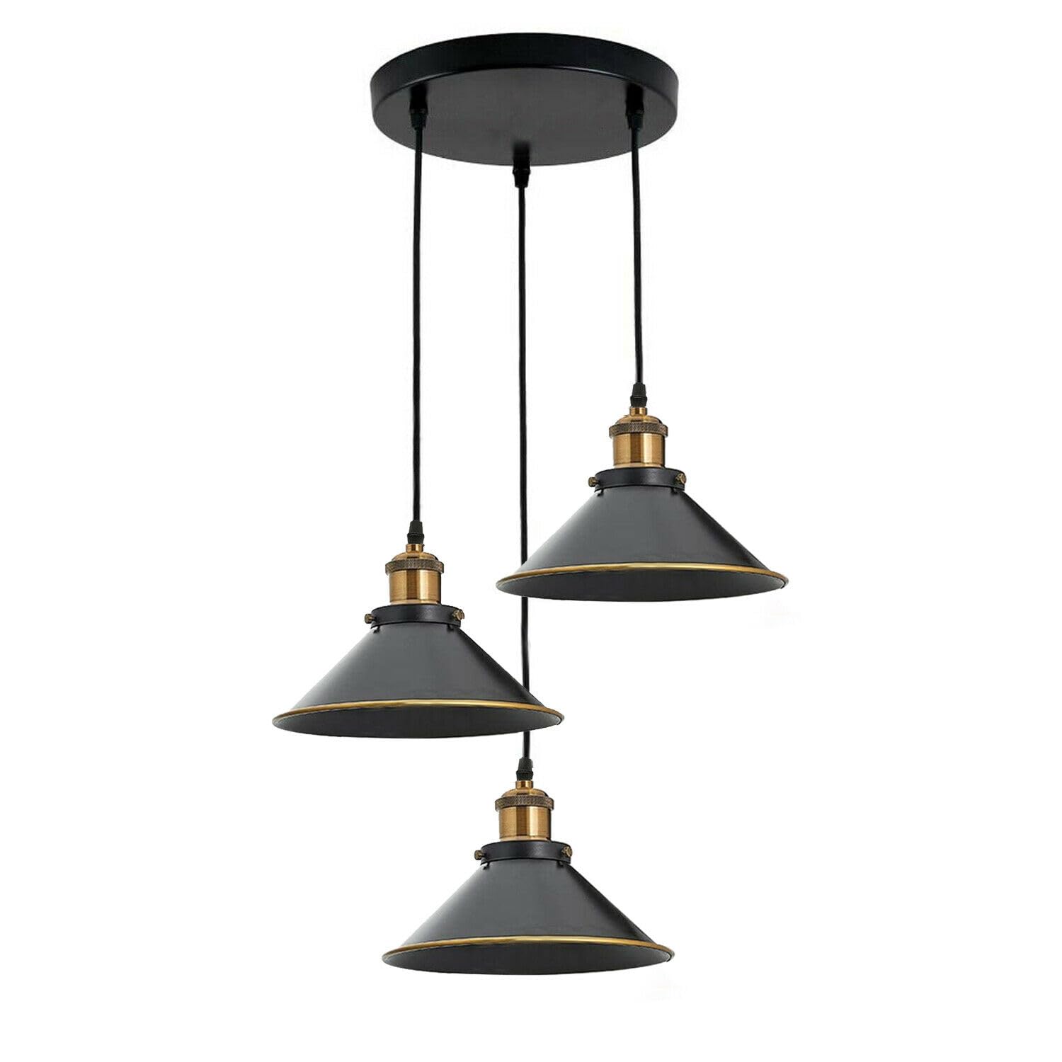 LEDSone Modern 3 Lights Adjustable Ceiling Pendant Light Fixture Vintage Style Hanging Pendant Cone Lamp Shade with Adjustable Cable for Living Room Dining Room (Black Gold Line)
