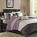 7 Piece Plum Purple Charcoal Grey Floral Embroidery Comforter Queen Set, Purple Adult Bedding Master Bedroom Modern Stylish Pintuck Leaf Swirl Pattern Elegant Classic Themed, Polyester